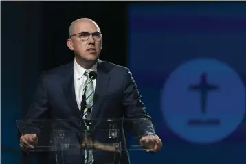  ?? JAE C. HONG — THE ASSOCIATED PRESS ?? Pastor Bart Barber, president of the Southern Baptist Convention, speaks during its annual meeting in Anaheim on Tuesday.