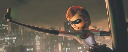  ??  ?? Elastigirl/Helen Parr (voiced by Holly Hunter) reaches new heights, saving the day and acting as the face of the supers in “Incredible­s 2.”