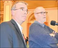  ?? KATIE SMITH/THE GUARDIAN ?? Charlottet­own resident Philip Brown and APM Group president Tim Banks both spoke about Banks’ proposed downtown apartment building during a public meeting at the Rodd Charlottet­own Hotel on Nov. 2.