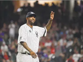  ?? Jason Miller / Getty Images ?? Yankees pitcher CC Sabathia waves to fans during the MLB AllStar Game at Progressiv­e Field on Tuesday in Cleveland.