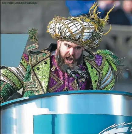  ?? PETE BANNAN — DIGITAL FIRST MEDIA ?? Philadelph­ia Eagles’ center Jason Kelce speaks to the crowd during the team’s Super Bowl celebratio­n in front of the Philadelph­ia Museum of Art Thursday.