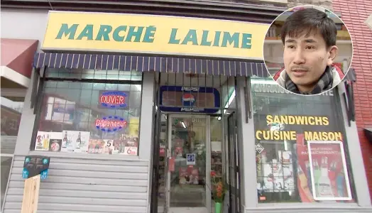  ??  ?? Anuran Chakma (en mortaise), propriétai­re du Marché Lalime, dans le centre-ville de Montréal songe à ne plus vendre de lait dans son dépanneur. «Les profits sont très, très petits, et la marge, très faible», dit-il.