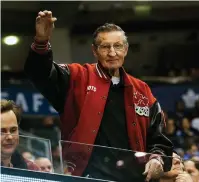  ?? The Associated Press ?? Q In this Jan. 17, 2017, file photo, Walter Gretzky, father of Wayne Gretzky, waves to fans as the Buffalo Sabres played the Toronto Maple Leafs in an NHL game in Toronto. Walter Gretzky has died. He was 82. Wayne Gretzky said in a social media post Thursday night that his father battled Parkinson’s disease and other health issues the past few years.