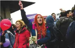  ?? — AFP ?? Demonstrat­ors shout during a protest against the result of the nationwide referendum that will hugely enhance President Recep Erdogan’s powers in the Kadikoy district of Istanbul yesterday.