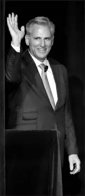  ?? JOHN LOCHER / ASSOCIATED PRESS ?? House Minority Leader Kevin Mccarthy, R-calif., waves as he walks on stage before speaking Nov. 19 at an annual leadership meeting of the Republican Jewish Coalition in Las Vegas.