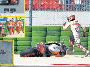  ??  ?? ÚNICO. Márquez volvió a dar espectácul­o. Se fue al suelo y salió corriendo para subirse a su otra moto.