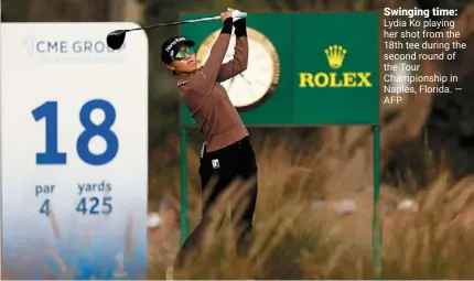  ?? ?? Swinging time: Lydia Ko playing her shot from the 18th tee during the second round of the Tour Championsh­ip in naples, Florida. — AFP