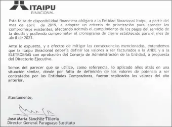  ??  ?? Nota firmada por el director general local sustituto, Ing. José Sánchez Tillería, alertando sobre la situación.
