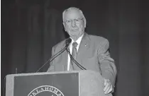  ?? RANCHERS/OKLAHOMA FARMERS UNION] ?? George W. Stone addresses delegates at an Oklahoma Farmers Union convention in later years. [PROVIDED/AMERICAN FARMERS &