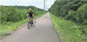  ?? KEITH UHLIG/USA TODAY NETWORK-WISCONSIN ?? A rider uses a sort of squeegee-device to clear debris from the pavement of the Old Abe Trail northeast of Chippewa Falls.