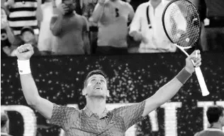  ?? ?? Novak Djokovic of Serbia celebrates after defeating Tommy Paul of the US in their semifinal at the Australian Open tennis championsh­ip in Melbourne, Australia, yesterday.