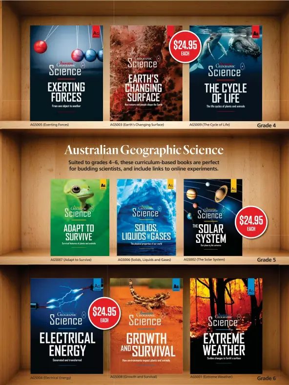  ??  ?? $24.95 EACH Grade 4 AGS005 (Exerting Forces) AGS003 (Earth’s Changing Surface) AGS009 (The Cycle of Life) $24.95 EACH Grade 5 AGS002 (The Solar System) AGS007 (Adapt to Survive) AGS006 (Solids, Liquids and Gases) $24.95 EACH AGS001 (Extreme Weather)...