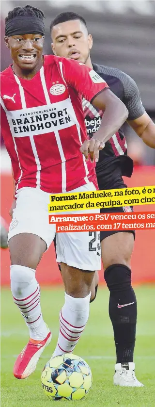  ??  ?? na foto, é o melhor Madueke,
Forma:
com cinco golos marcador da equipa,
Arranque: o PSV venceu os seis jogos realizados, com 17 tentos marcados