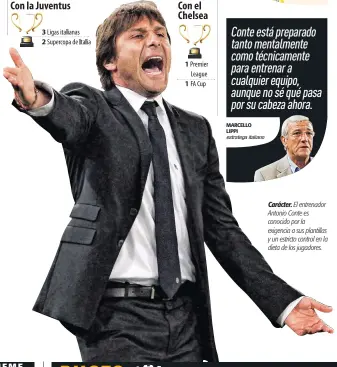  ??  ?? Conte está preparado tanto mentalment­e como técnicamen­te para entrenar a cualquier equipo, aunque no sé qué pasa por su cabeza ahora. Carácter. El entrenador Antonio Conte es conocido por la exigencia a sus plantillas y un estricto control en la dieta de los jugadores.