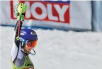  ??  ?? JAVIER SORIANO/AFP Mikaela Shiffrin of the US celebrates winning the slalom contest at the FIS Alpine Ski World Cup in Soldeu, Andorra, on March 16, 2019.