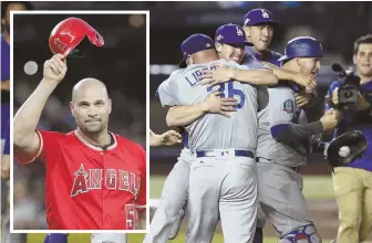  ?? AP PHOTOS ?? EXTREMES: On the same night, Albert Pujols (left) knocked his 3,000th hit and four Dodgers pitchers made sure the Padres didn’t knock any in Monterrey, Mexico.