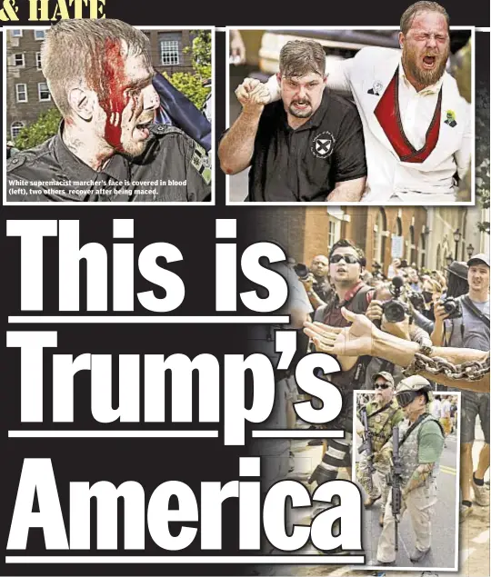  ??  ?? White supremacis­t marcher’s face is covered in blood (left), two others recover after being maced.