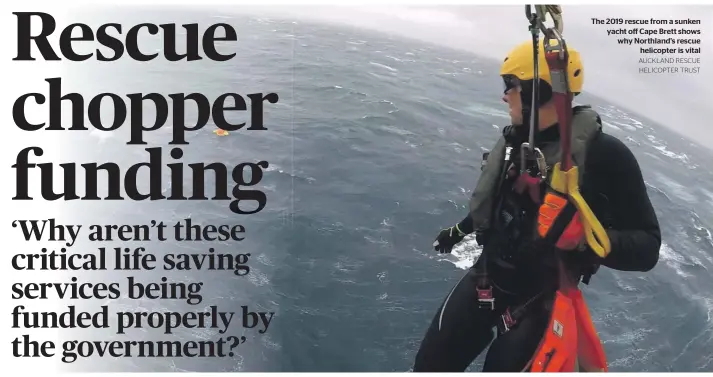  ?? AUCKLAND RESCUE HELICOPTER TRUST ?? .
The 2019 rescue from a sunken yacht off Cape Brett shows why Northland’s rescue helicopter is vital