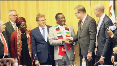  ?? - (Picture by Munyaradzi Chamalimba) ?? President Mnangagwa welcomes German Ambassador to Zimbabwe Dr Thorsten Hutter while CEO of Amatheon Agri Holdings Mr Carl Bruhn (to the President’s right) and his managing director Dr Sekai Nzenza (left) look on during a courtesy call by a delegation...