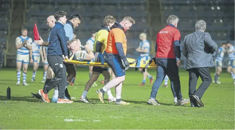  ?? ?? Will Calcott was stretchere­d off just before the hour mark during Fax’s 50-4 fourth round victory and had an operation on Monday.