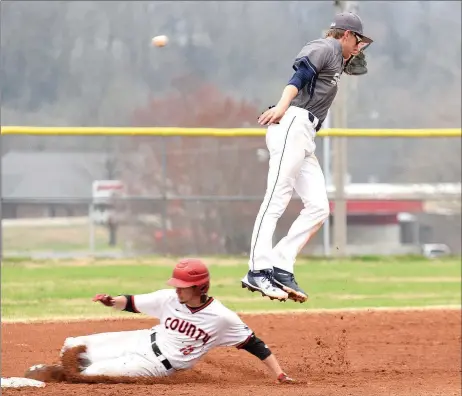  ?? RICK PECK/SPECIAL TO MCDONALD COUNTY PRESS ?? Shiloh Christian’s shortstop Connor Clark leaps for a high throw while McDonald County’s Caleb Curtis steals second base during the Mustangs’ 4-3 win on March 26 at MCHS.