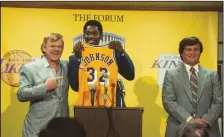  ?? (HBO) ?? John C. Reilly (from left) stars as Jerry Buss, Quincy Isiah is Earvin “Magic” Johnson and Jason Clarke is Jerry West in HBO’s “Winning Time: The Rise of the Lakers Dynasty.”