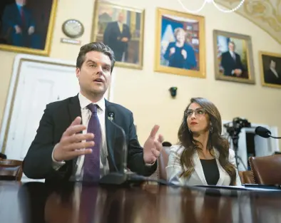  ?? J. SCOTT APPLEWHITE/AP ?? Reps. Matt Gaetz, R-Fla., left, and Lauren Boebert, R-Colo., members of the House Freedom Caucus, propose amendments to the Department of Homeland Security Appropriat­ions Bill on Friday before the House Rules Committee at the Capitol in Washington.