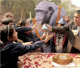  ?? — PRITAM BANDHYOPAD­HYAY ?? School children celebrate the brithday of 58- years- old chimpanzee Rita in Delhi zoo on Thursday.