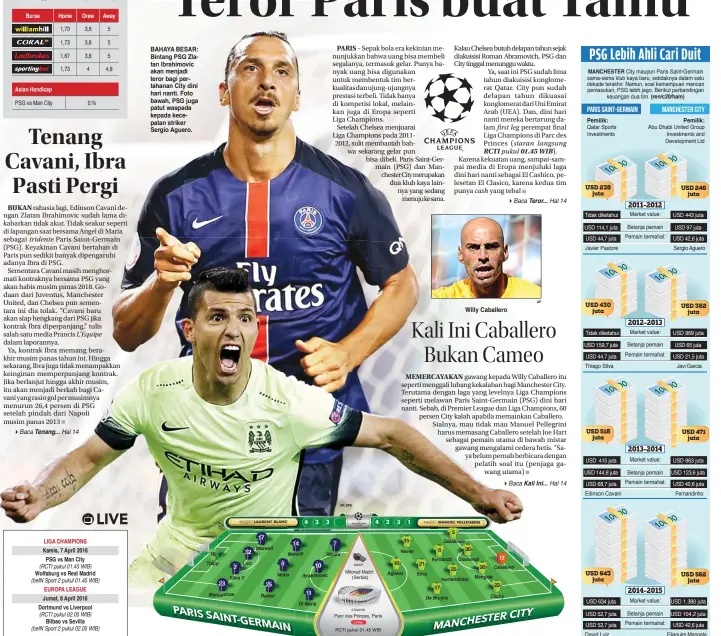  ?? AP, EPA
AP ?? tridente
L’Equipe BAHAYA BESAR: Bintang PSG Zlatan Ibrahimovi­c akan menjadi teror bagi pertahanan City dini hari nanti. Foto bawah, PSG juga patut waspada kepada kecepatan striker Sergio Aguero.
cash
first leg
siaran langsung pukul
Willy Caballero