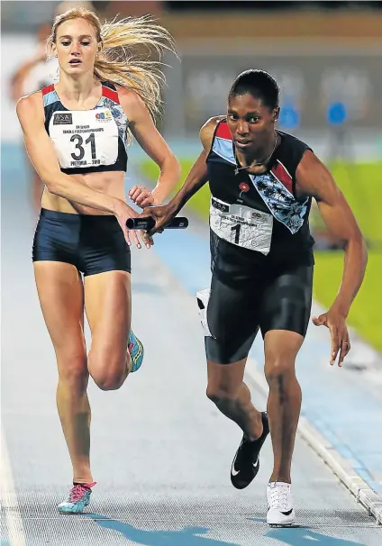  ?? Picture: GALLO IMAGES ?? READY TO TAKE-OFF: Seeliger of AGN passes the baton to Caster Semenya in the women's 4x400m relay at the Athletics SA Senior and Combined Events Track and Field Championsh­ips at Tuks Stadium in Pretoria on Saturday