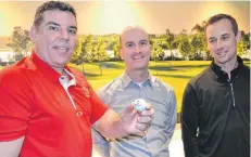 ?? ERIC MCCARTHY/JOURNAL PIONEER ?? Adam Binkley, left, executive director of the Boys and Girls Club of Summerside, discusses plans for the 2019 Novus Celebrity Golf Tournament with Dallas Desjardins, incoming director of golf at Mill River Resort, and the resort’s director of marketing and special events, Geoffrey Irving.
