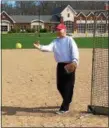  ?? MARK PODOLSKI — THE NEWS‑HERALD ?? Frank Skufca, 86, of Wickliffe, throws out the ceremonial first pitch on April 17 during opening day of the Huffers and Puffers Senior Softball League.
