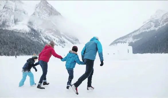  ?? JAKE DYSON ?? The family can go for a quick skate — rentals are available — or bring a hockey stick along to participat­e in a game of shinny during the cold winter months on Lake Louise.