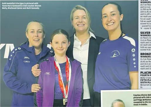  ?? ?? Gold medallist Erin Egan is pictured with Yama Hara Gymnastics Club coaches Sharon Melly, Blathnaid Quinn and Ruth Kennedy.