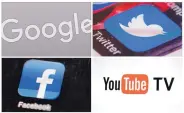  ?? ASSOCIATED PRESS ?? Clockwise, from upper left: a Google sign, the Twitter app, the YouTube TV logo and the Facebook app.
