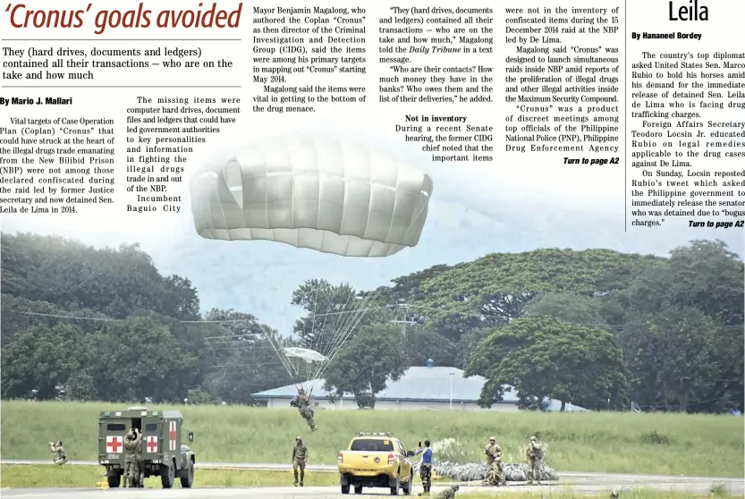  ?? YUMMIE DINGDING ?? Rapid deployment Some 500 Filipino and American troops participat­e in the first large-scale airborne exercise at Basa Air Base to test their capability to respond to emergency situations. (See story on page B15)