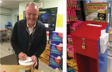  ??  ?? The legendary Mick Galwey supporting his old club’s Split the Bucket Draw on its return at McCarthy’s Daybreak Supermarke­t in Currow. RIGHT: the envelope provider and draw entry box at Centra, Castleisla­nd.