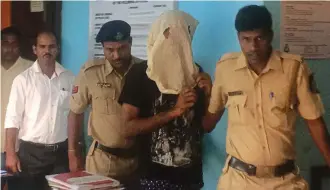  ??  ?? Murder suspect: Vikhat Bhagat in a police station with a bag over his head