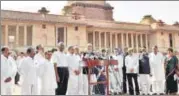  ?? PTI ?? Congress leader Ghulam Nabi Azad along with leaders of 13 opposition parties outside President’s house on Wednesday.