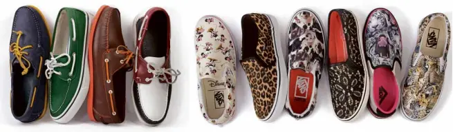  ??  ?? TWO-TONED boat shoes in hip colors for men
PRINT party: a selection of printed sneaker slip-ons from Vans, Keds and Pony