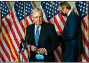  ?? (AP/Manuel Balce Ceneta) ?? Senate Majority Leader Mitch McConnell speaks to reporters Tuesday on Capitol Hill after a Republican policy luncheon attended by Vice President Mike Pence.