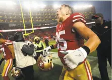  ?? Scott Strazzante / The Chronicle ?? Tight end George Kittle celebrates the 49ers’ 26-23 overtime defeat of the Seahawks earlier this month at Levi’s Stadium.