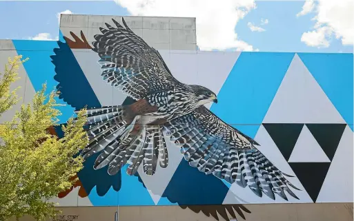 ?? MARK TAYLOR/STUFF ?? Artists Charlie and Janine Williams painted the large falcon mural at Hamilton’s Victoria on the River as part of the Boon Street Art Festival, which Wel Energy Trust sponsored last year.