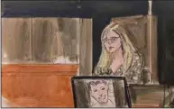 ?? (AP/Elizabeth Williams) ?? A courtroom sketch shows Annie Farmer as she testifies on the witness stand Friday during the Ghislaine Maxwell sex-abuse trial in New York. Video at arkansason­line.com/1211sketch/.