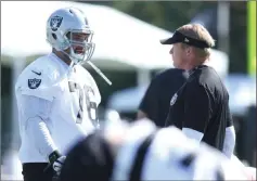  ?? Heidi Fang ?? Raiders offensive lineman Jon Feliciano, shown at training camp with coach Jon Gruden, has filled in for guard Kelechi Osemele this past month.Las Vegas Review-journal @Heidifang