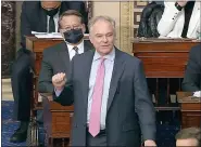  ?? SENATE TELEVISION VIA AP ?? Sen. Tim Kaine, D-Va., speaks as the Senate reconvenes after protesters stormed into the U.S. Capitol on, Jan. 6.