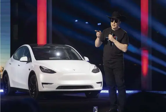  ?? AP ?? ‘QUITE FUTURISTIC’: Tesla CEO Elon Musk speaks at the "Cyber Rodeo" grand opening celebratio­n for the new $1.1 billion Tesla Giga Texas manufactur­ing facility in Austin, Texas, on Thursday.