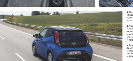  ??  ?? De 1,0- liter driecilind­er moet alles op eigen kracht doen, een turbo ontbreekt. Van een compacte auto mag je geen wonderen verwachten, maar in de Aygo is wel erg veel hard plastic toegepast. De vormgeving van de achterlich­ten – nu standaard met ledverlich­ting – is nog altijd even charmant.