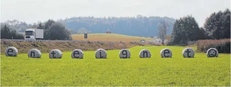  ?? FOTO: MICHAELA MILLER ?? Mit diesen Strohballe­n entlang der B 32 zwischen Vorsee und Altshausen will Landwirt Günter Schwegler auf seine Lage aufmerksam machen.