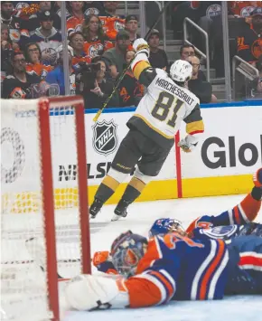  ?? SHAUGHN BUTTS / POSTMEDIA NEWS ?? Oilers goalie Stuart Skinner lies on the ice after a goal by the Vegas Golden Knights' Jonathan Marchessau­lt in Game 6 of their second-round Stanley Cup series Sunday in
Edmonton. Skinner was pulled from the game for the fourth time in the playoffs.